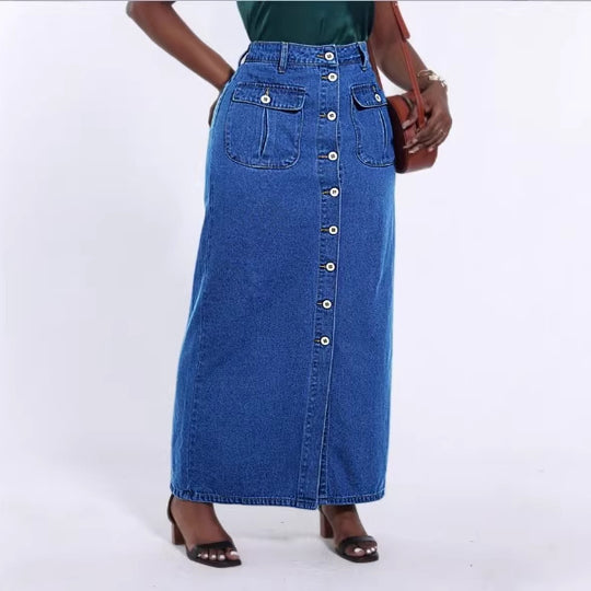 Damen Lang geschnittener High-Waist Denim-Maxirock mit durchgehender Knopfleiste und aufgesetzten Taschen Shop Nory