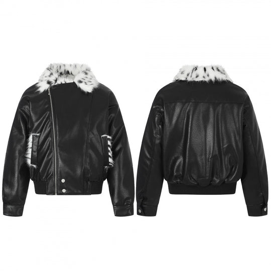 Damen Boxy Kunstleder-Bomberjacke mit asymmetrischem Reißverschluss und kuscheligem Kunstfellkragen Shop Nory