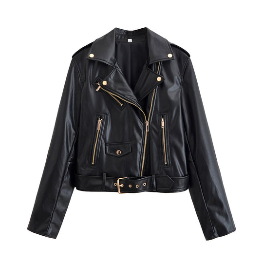 Damen Bikerjacke aus Lederimitat mit asymmetrischem Reißverschluss, Taillengürtel und goldfarbenen Details Shop Nory