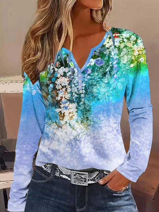 Damen Blütenmuster Langarmshirt mit Knopfleiste
