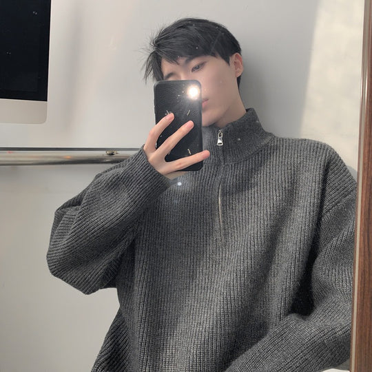 Herren Modischer Strickpullover mit hohem Kragen und Reißverschluss Shop Nory
