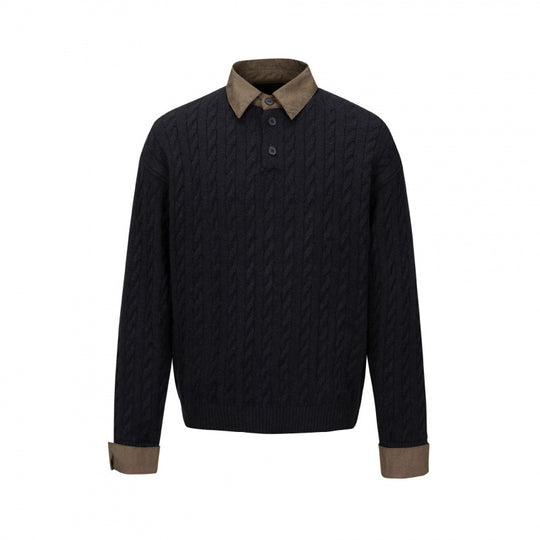 Herren Strukturiertes Zopfmuster-Henley-Strickshirt mit Kontrast-Hemdkragen und Umschlagmanschetten Shop Nory