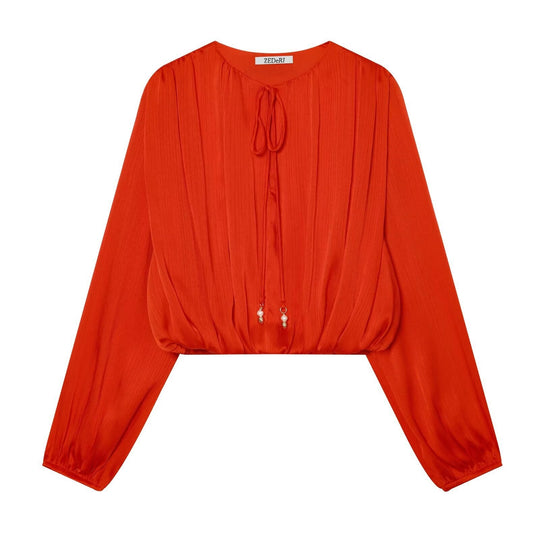 Damen Cropped Plissee-Bluse mit Kordelverschluss und Ballonärmeln Shop Nory