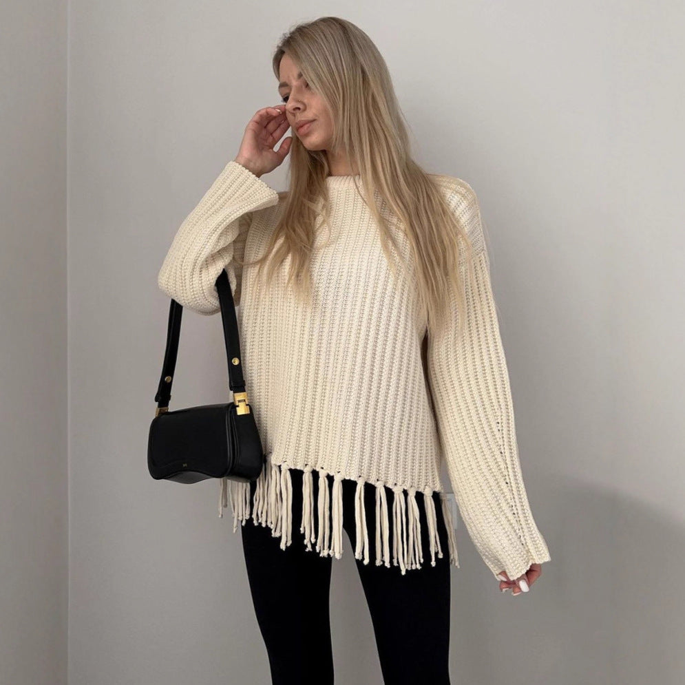 Damen lässiger Rippstrick-Pullover mit Fransen-Saum und Oversize-Silhouette Shop Nory