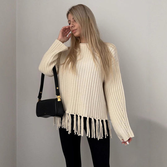 Damen lässiger Rippstrick-Pullover mit Fransen-Saum und Oversize-Silhouette Shop Nory
