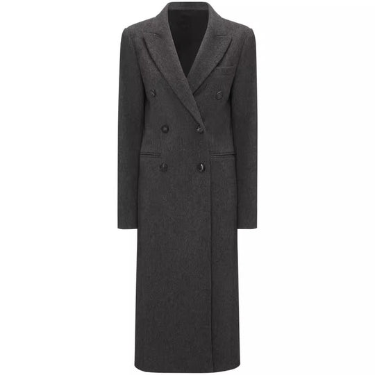 Damen Doppelreihiger Longcoat im Tailoring‑Look mit schmaler Silhouette und markanter Schulter Shop Nory