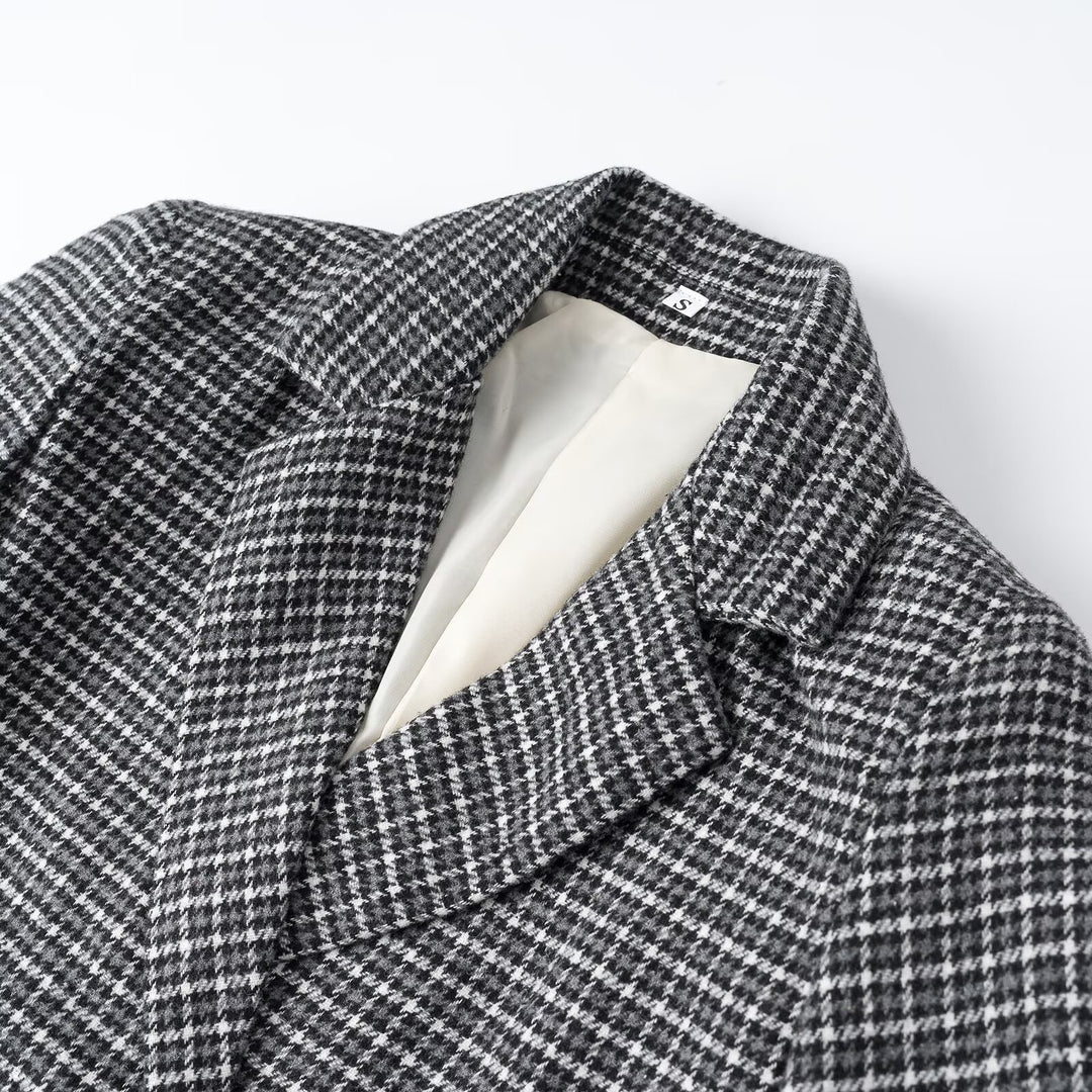 Damen Cropped Wollmischblazer mit Hahnentritt‑Muster und doppelreihiger Knopfleiste Shop Nory
