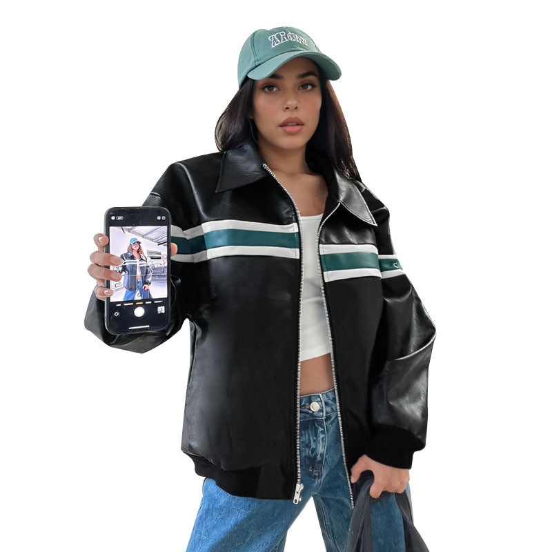 Damen Kunstleder-Bomberjacke mit Retro-Streifen und durchgehendem Reißverschluss Shop Nory
