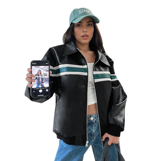 Damen Kunstleder-Bomberjacke mit Retro-Streifen und durchgehendem Reißverschluss Shop Nory