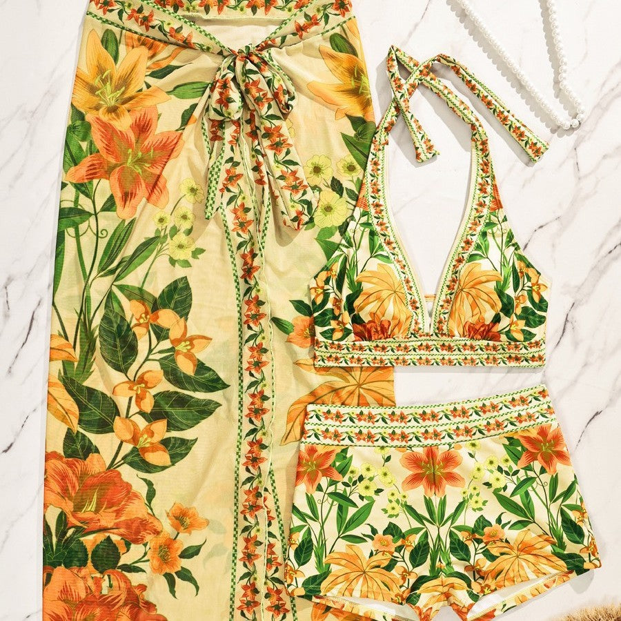 Damen Bikiniset mit floralem langen Überwurf