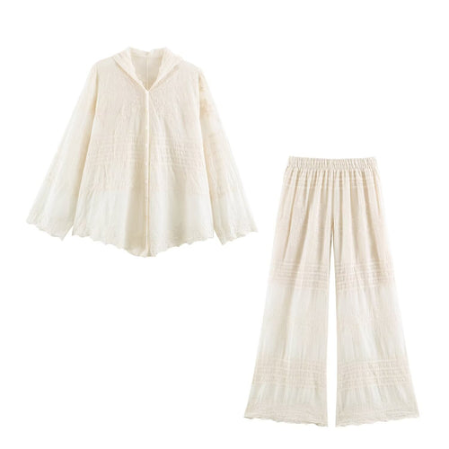 Damen Zweiteiliges Boho-Spitzen-Set mit bestickter Kapuzenbluse und weiter Plissee-Hose Shop Nory