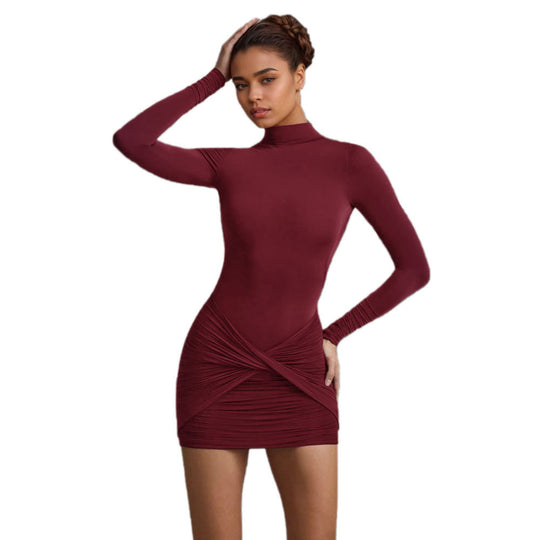 Damen figurbetontes Langarm-Minikleid mit Stehkragen, taillierter Sculpting-Silhouette und gerafftem Twist‑Rock Shop Nory