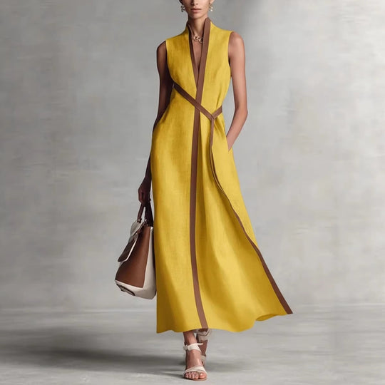 Damen elegantes Maxikleid mit Taillenschnitt und schmalem Gürtel Shopnory