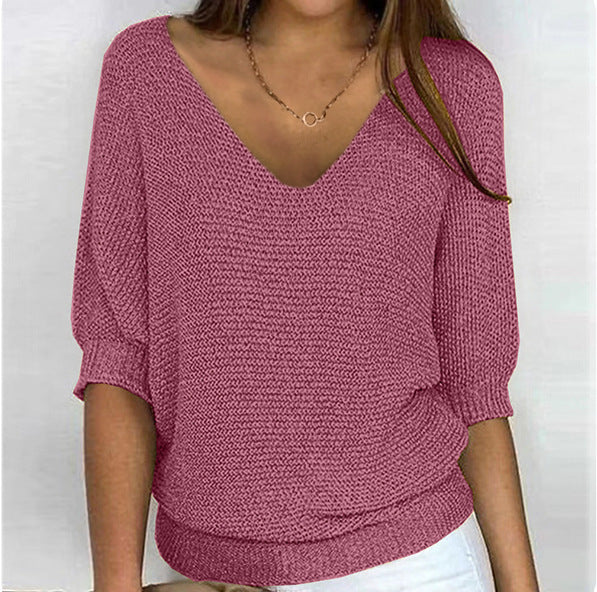Damen nan lässiger Strickpullover mit V-Ausschnitt und Fledermausärmeln Shop Nory