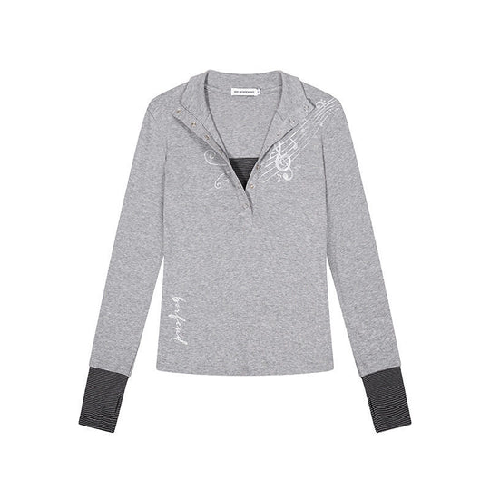 Damen Langarmshirt mit Henley-Knopfleiste, Kontrastbündchen und Notenprint Shop Nory
