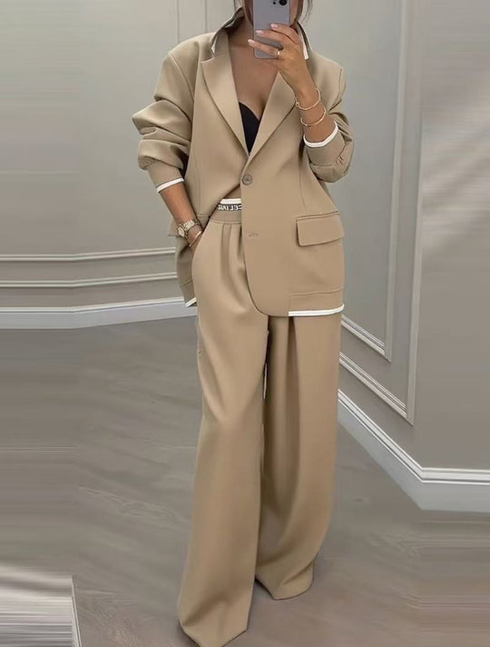 Damen Oversize-Tailoring-Set mit Kontrastpaspel, Single-Button-Blazer und hochgeschnittener Weitbeinhose Shop Nory