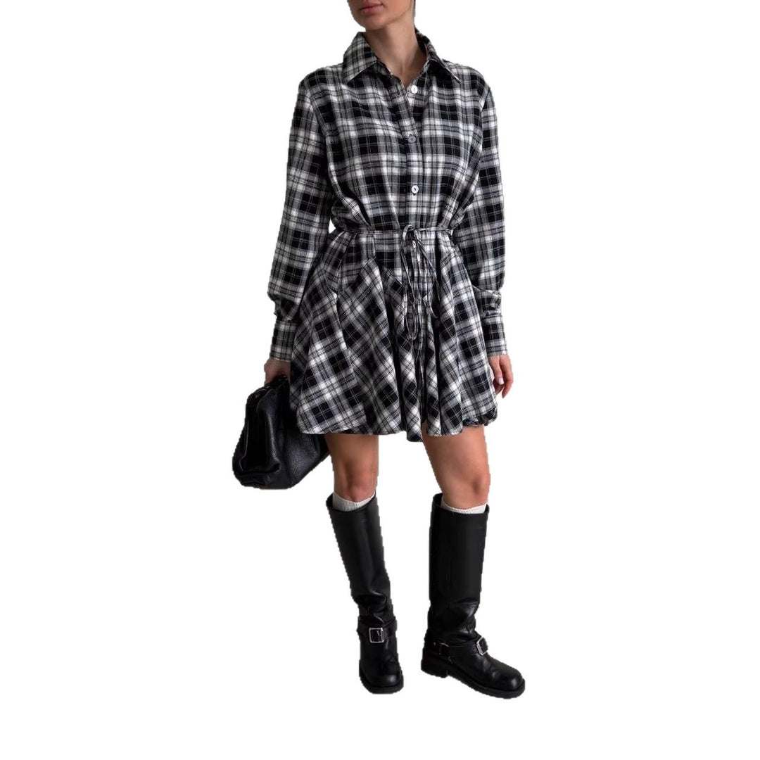 Damen Kariertes Hemdblusen-Minikleid mit ausgestellter Volant-Taille Shop Nory
