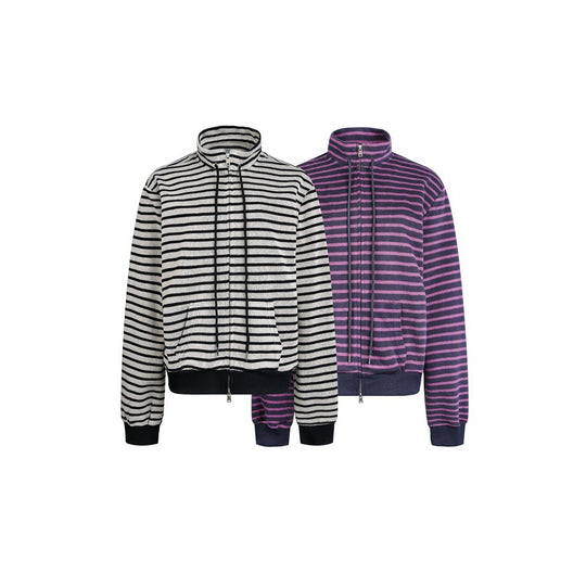 Damen Gestreifte Sweatjacke im Boxy‑Cut mit hohem Stehkragen, Zwei-Wege-Reißverschluss und Kängurutasche Shop Nory