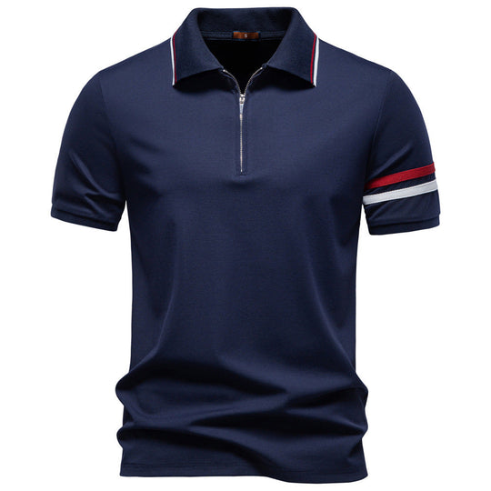 Herren nan atmungsaktives elastisches Poloshirt mit kurzem Reißverschluss und Kontraststreifen an Ärmeln
