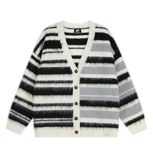 Damen Oversize-Strickjacke mit V‑Ausschnitt, kuscheliger Mohair‑Optik und gestreiftem Muster Shop Nory
