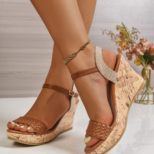 Damen Wedge-Sandaletten mit geflochtenem Riemen und Kork-Absatz