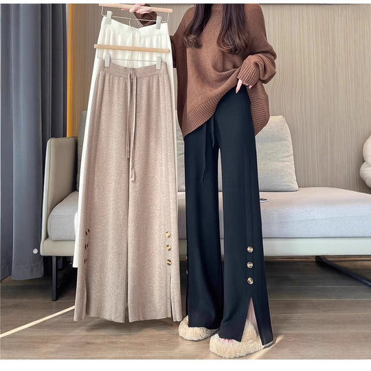 Damen Weitgeschnittene Strickhose mit Knopfdetails Shop Nory