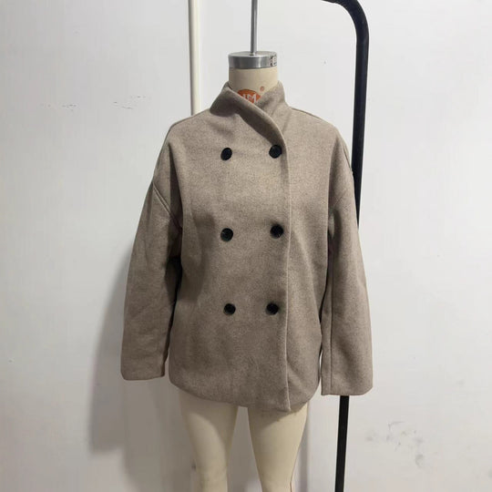 Damen Kurzer Doppelreihiger Wollmantel mit Stehkragen Shop Nory