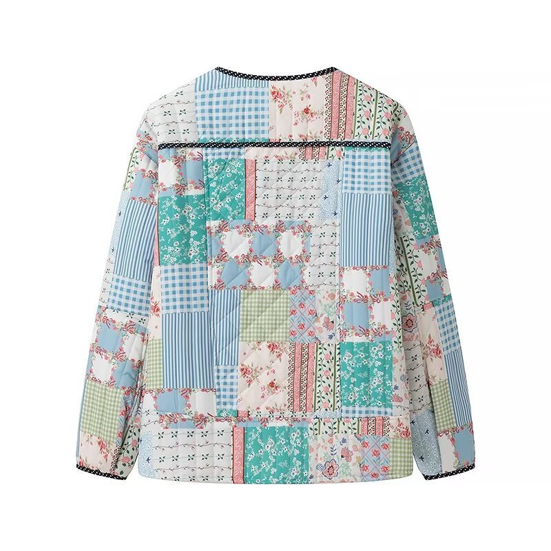 Damen gesteppte Patchwork-Quiltjacke mit Rundhalsausschnitt, Zierborte und Frontknöpfen Shop Nory