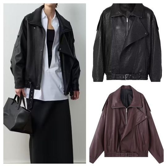 Damen Oversize Kunstleder-Bikerjacke mit asymmetrischem Reißverschluss, Gürtel und elastischem Bund Shop Nory