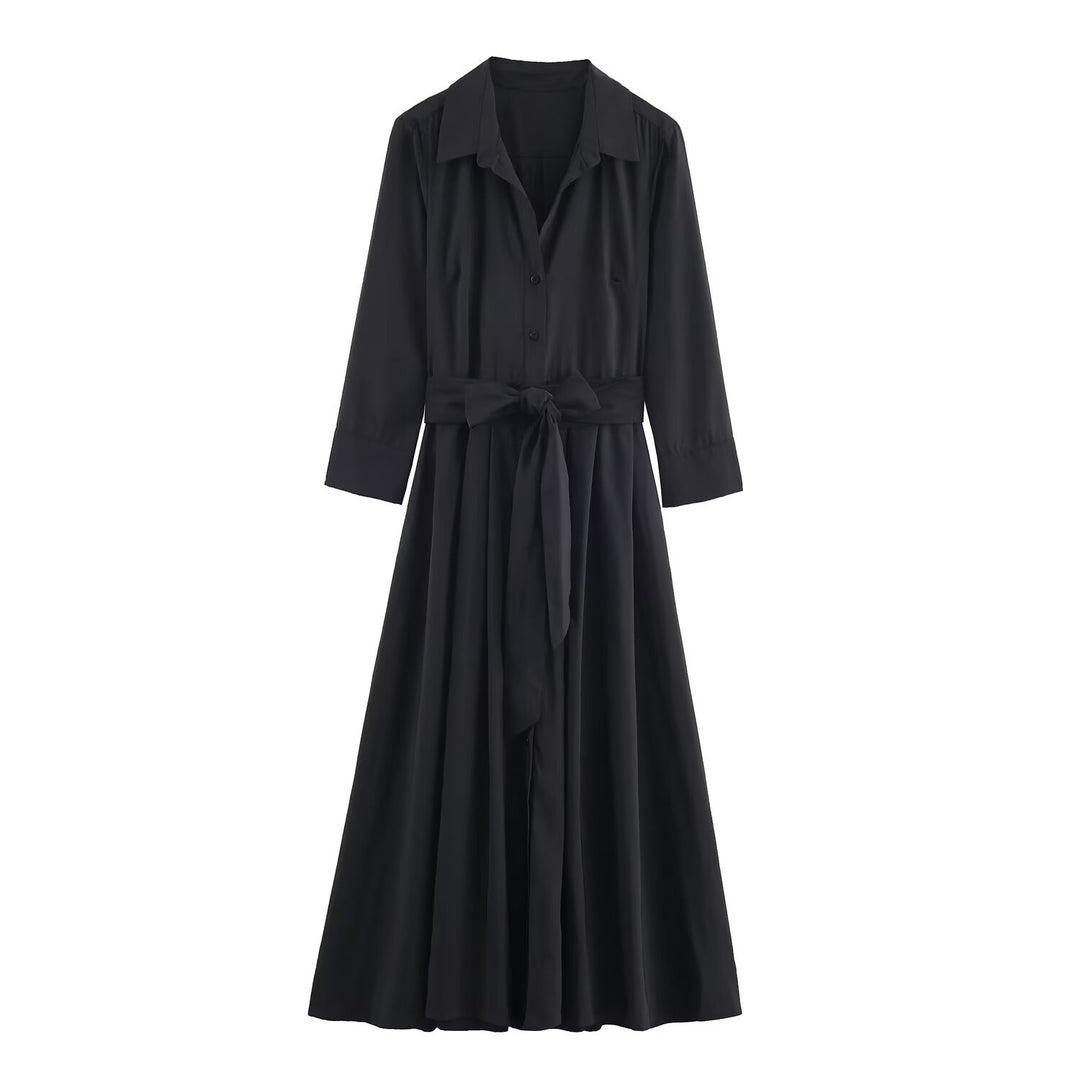 Damen Maxikleid im Hemdblusenstil mit Bindegürtel und schwingendem A‑Linienrock Shop Nory