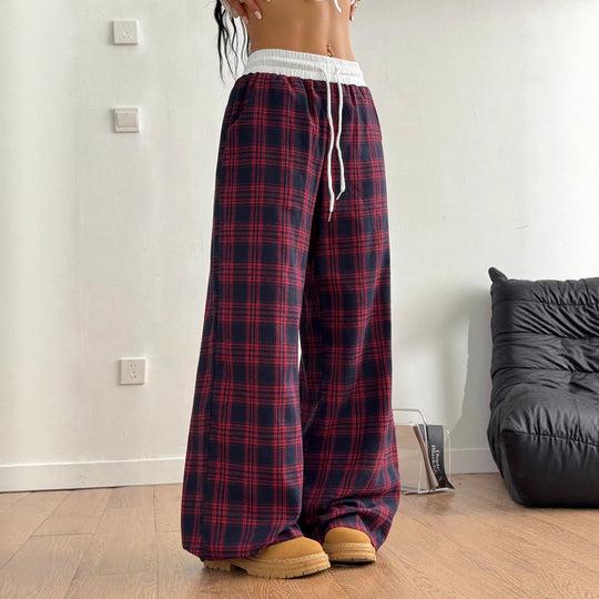 Damen weite karierte Lounge-Hose mit hohem Gummibund und Kordelzug Shop Nory