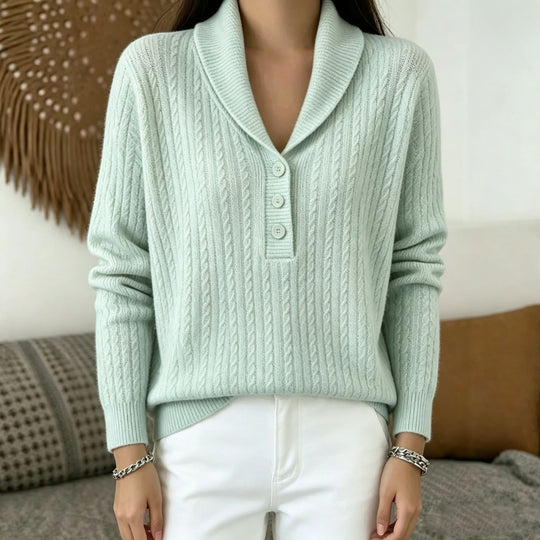 Damen Strickpullover mit Schalkragen, Zopfmuster und Knopfleiste Shop Nory