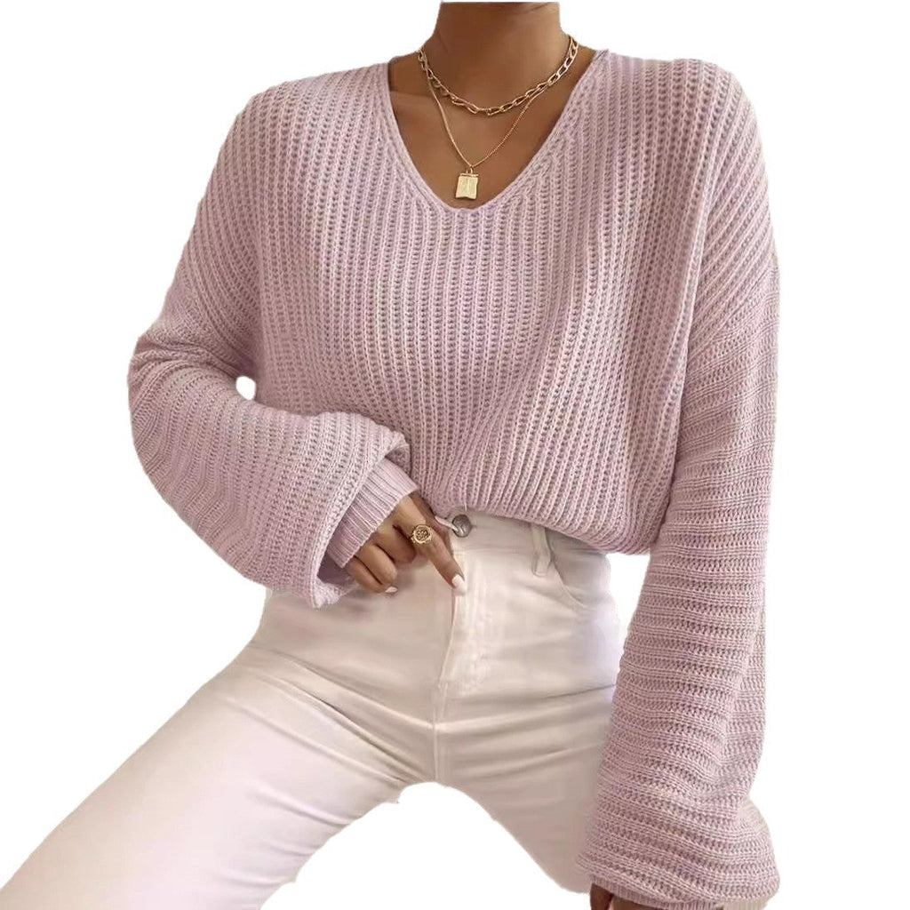 Damen V-Pullover mit weiten Ärmeln und strukturiertem Strickmuster