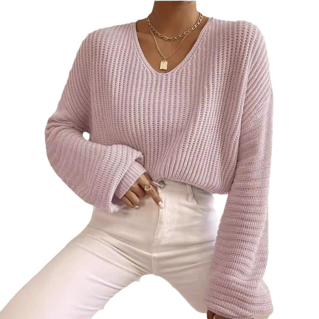 Damen V-Pullover mit weiten Ärmeln und strukturiertem Strickmuster