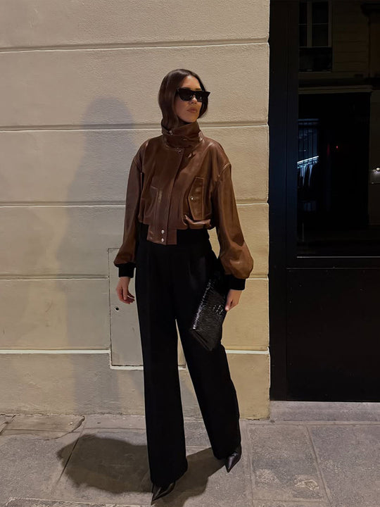 Damen Kurz geschnittener Lederblouson mit hohem Stehkragen und Ballonärmeln Shop Nory