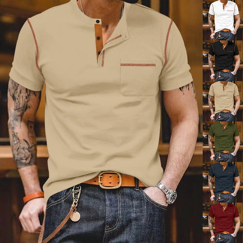 Herren nan urbanes Kurzarmshirt mit Stehkragen, halber Knopfleiste und Brusttasche