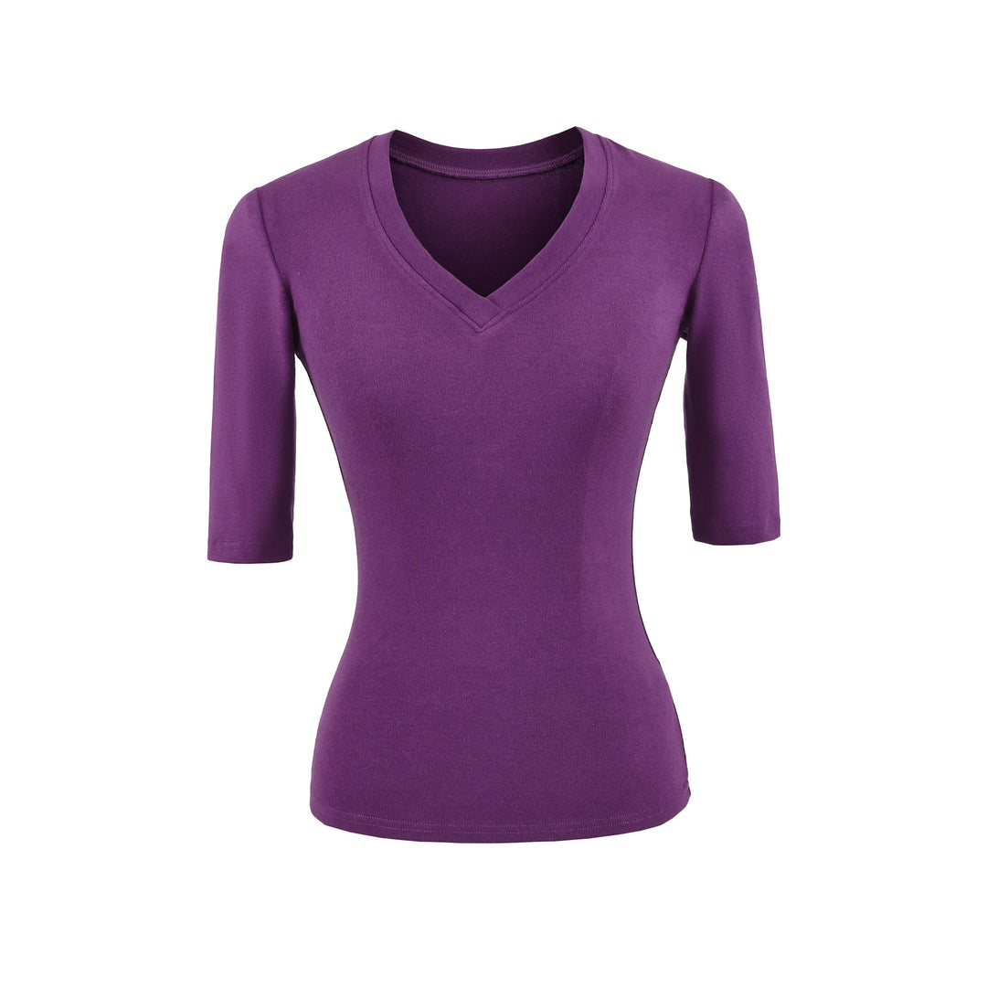 Damen Figurbetontes V‑Ausschnitt Dreiviertelarm Feinripp-Top aus Stretchjersey Shop Nory