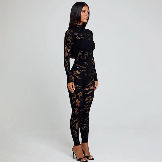 Damen Figurnahes Netz-Jumpsuit mit langem Arm und hohem Kragen