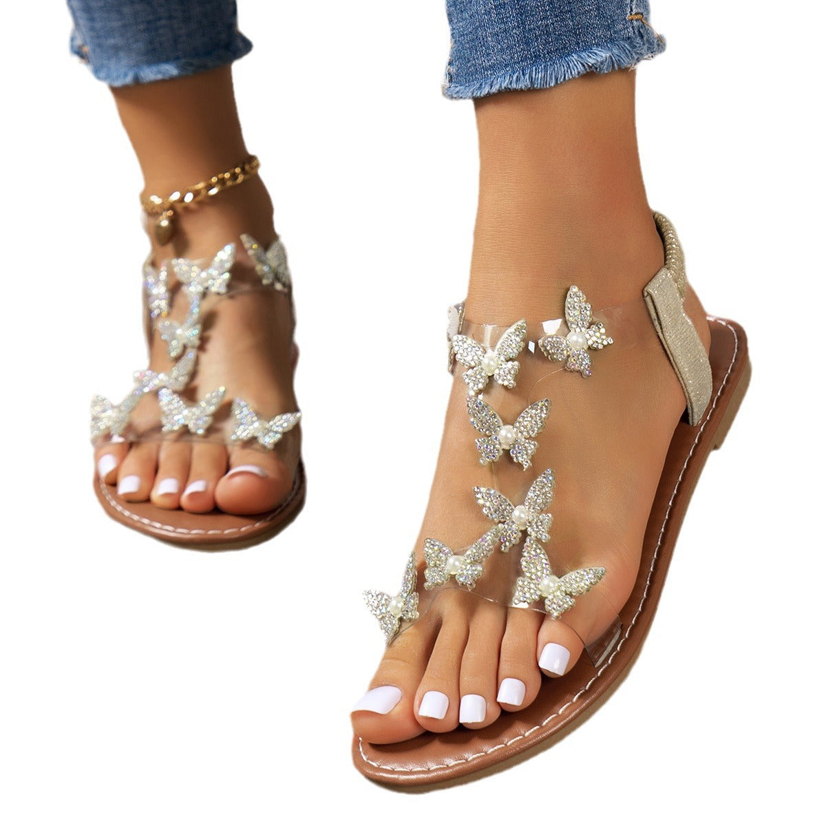 Damen Zehentrenner Sandalen mit funkelnden Schmetterlings-Applikationen Shopnory