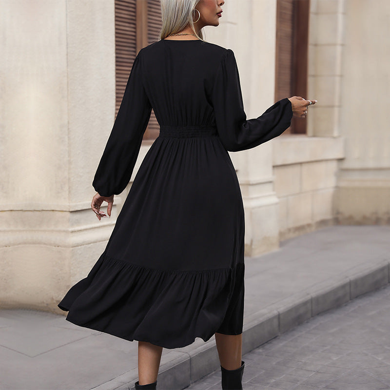 Damen V-Ausschnitt Midikleid mit hoher Taillennaht, langen Ballonärmeln und Volantstufe Shop Nory
