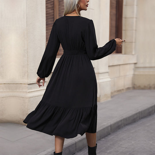 Damen V-Ausschnitt Midikleid mit hoher Taillennaht, langen Ballonärmeln und Volantstufe Shop Nory