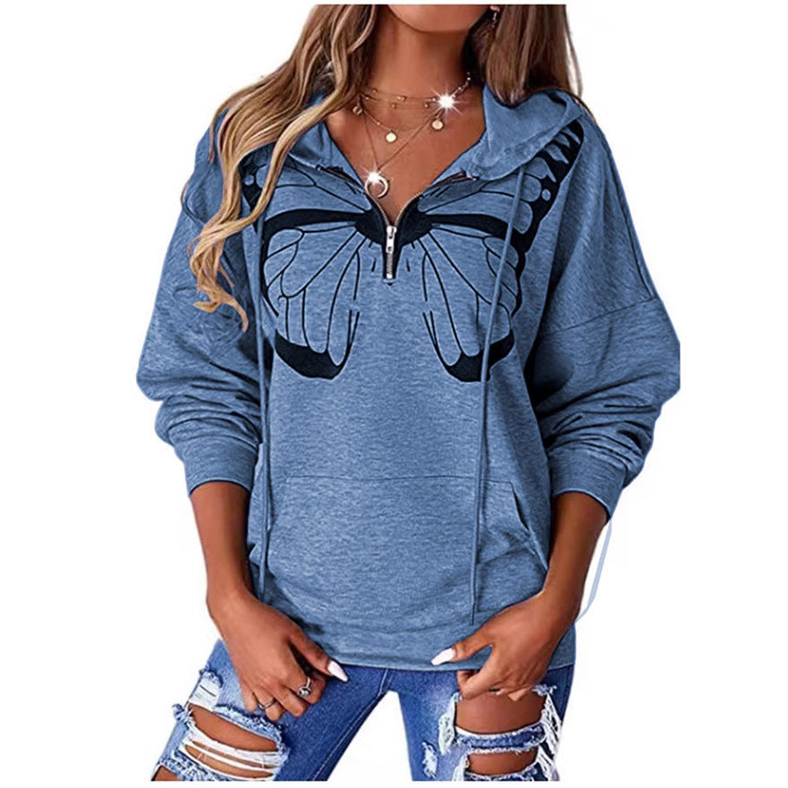 Damen Kapuzenpullover mit halbhohem Reißverschluss und Schmetterlingsprint Shop Nory