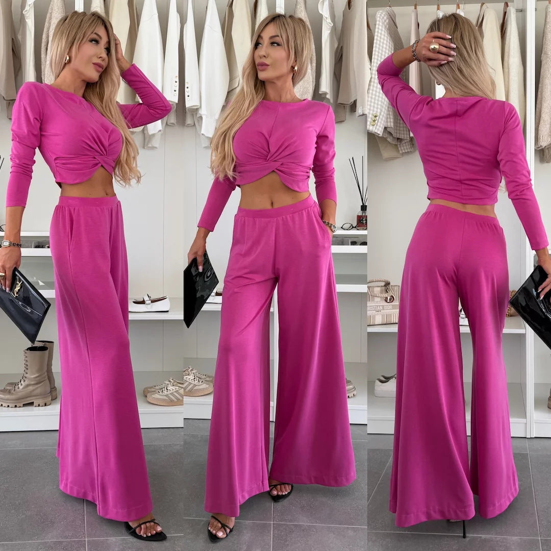 Damen figurnahes Twist-Cropped-Shirt mit weitem High-Waist Palazzo-Hose aus fließendem Jersey Shop Nory