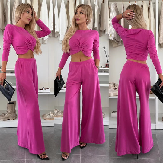 Damen figurnahes Twist-Cropped-Shirt mit weitem High-Waist Palazzo-Hose aus fließendem Jersey Shop Nory