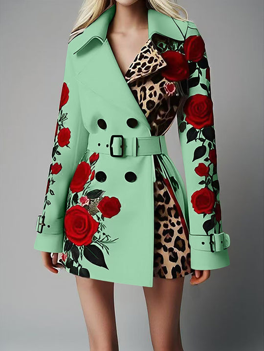 Damen Taillierter Trenchcoat mit Rosenprint und Leoparden-Innenfutter Shop Nory