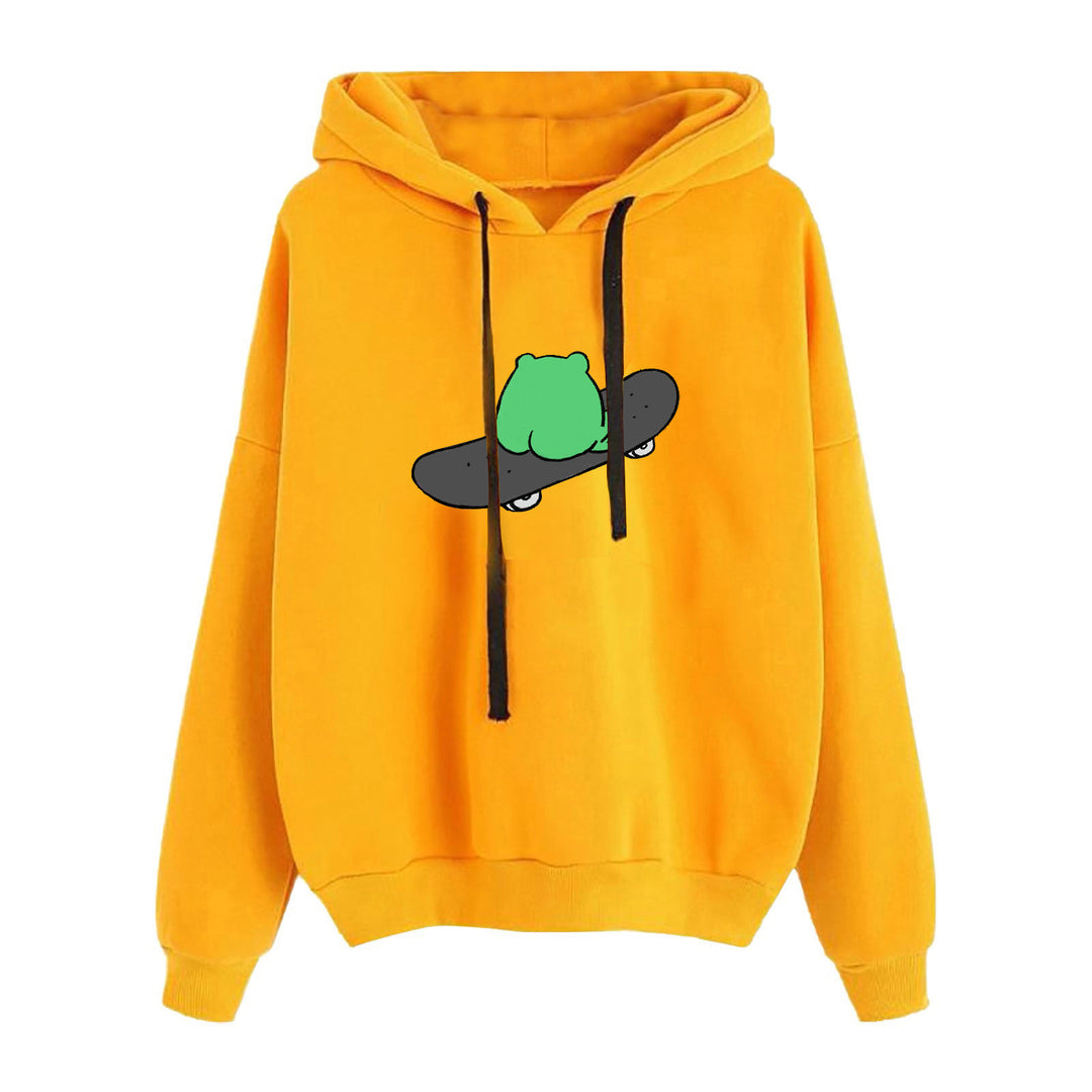 Damen nan kurz geschnittener Cropped-Kapuzenpullover mit niedlicher Frosch-Illustration und verstellbarer Kapuze Shop Nory