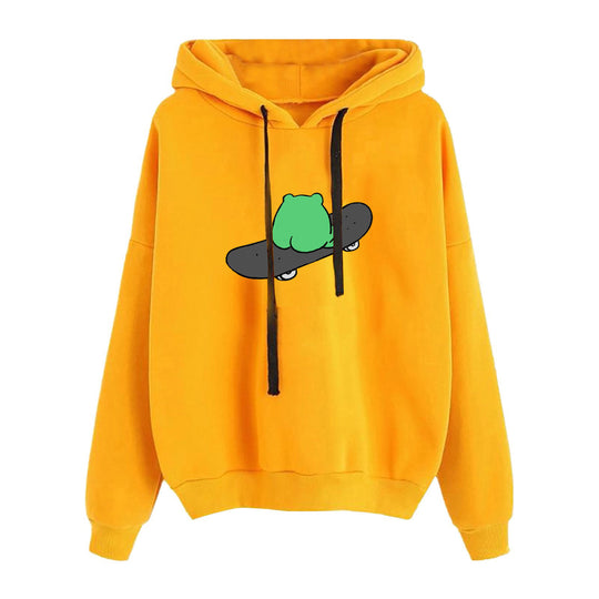 Damen nan kurz geschnittener Cropped-Kapuzenpullover mit niedlicher Frosch-Illustration und verstellbarer Kapuze Shop Nory
