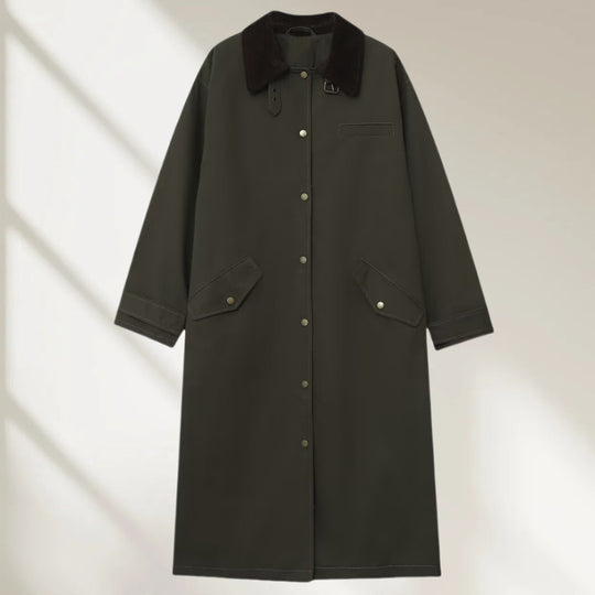 Damen langer wasserdichter Parka-Mantel mit Cordkragen und Druckknopfleiste Shop Nory