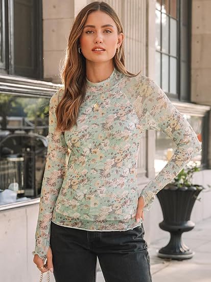 Damen Transparentes Mesh-Longsleeve mit Blumenprint und Stehkragen Shop Nory