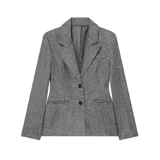 Damen Taillierter Blazer im Fischgrätmuster mit Reverskragen und Pattentaschen Shop Nory